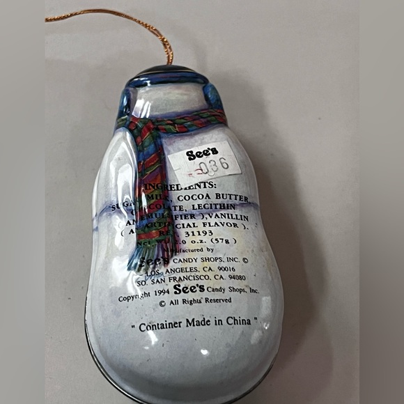 1994 Sees Candy Old Vintage Christmas Ornament Metal Candy container snowman 90s - Picture 4 of 6